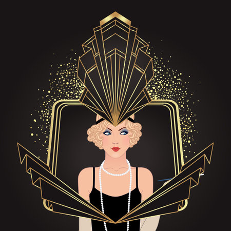 Flapper girl. Art deco (1920s style) vintage invitation template design for drink list, bar menu, glamour event, thematic wedding, jazz party flyer. Vector art.のイラスト素材