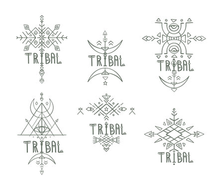 Abstract vector logo templates inspired by tribal and Indigenous art. Geometric angles and freehand elements create decorative designs.のイラスト素材