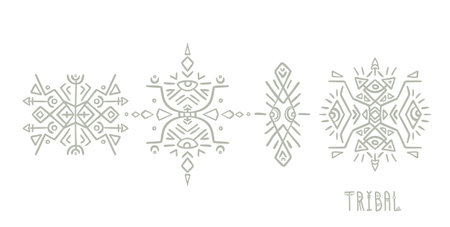 Abstract vector logo templates inspired by tribal and Indigenous art. Geometric angles and freehand elements create decorative designs.のイラスト素材