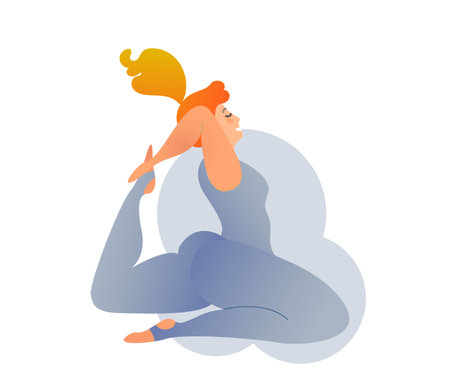 Plus size curvy lady doing yoga class. Vector illustration isolated on white. Online home workout concept. Body positive. Attractive overweight woman.のイラスト素材