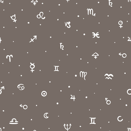 Vector geometric pattern with alchemy symbols and shapes in medium size. Abstract occult and mystic signs. Back of tarot cards design in black and white colors. Magic print and astrology backgroundのイラスト素材