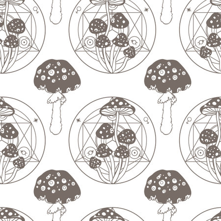Mystic, magic, background. Religion and the occultism with esoteric and masonic symbols. Medieval manuscript inspired. Vector seamless pattern in retro style. Repeating Trendy stylish texture.のイラスト素材