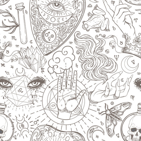 Mystic, magic, background. Religion and the occultism with esoteric and masonic symbols. Medieval manuscript inspired. Vector seamless pattern in retro style. Repeating Trendy stylish texture.のイラスト素材