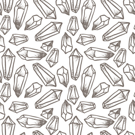 Hand drawn crystal gem seamless pattern. Geometric shiny gemstone symbol. Trendy hipster background, fabric design, fashion textiles. Brown and white. Isolated vector illustration.のイラスト素材