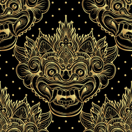 Barong. Traditional ritual Balinese mask. Vector decorative ornate outline black and gold seamless pattern. Hindu ethnic symbol, tattoo art, yoga, Bali spiritual design for print, t-shirt, textile.のイラスト素材
