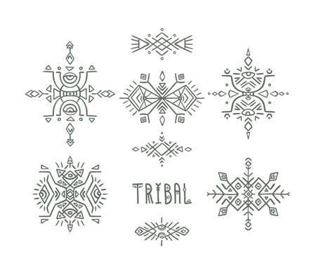 Abstract vector logo templates inspired by tribal and Indigenous art. Geometric angles and freehand elements create decorative designs.のイラスト素材