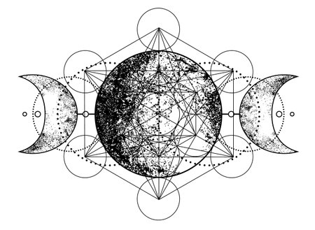 Metatron Cube. Moon pagan Wicca moon goddess symbol. Three-faced Goddess, Maiden, Mother, Crone isolated vector illustration. Tattoo, astrology, alchemy, boho and magic symbol. Coloring book..のイラスト素材