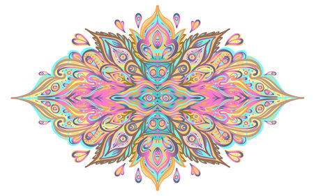 Vector ornamental Lotus floral design, ethnic art, patterned Indian paisley. Hand drawn illustration. Invitation element. Tattoo, astrology, alchemy, boho and magic symbol.のイラスト素材