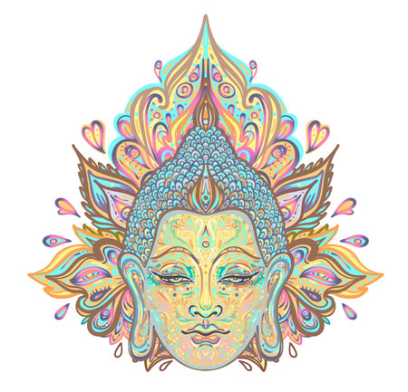 Buddha face over ornate mandala round pattern. Esoteric vintage vector illustration. Indian, Buddhism, spiritual art. Hippie tattoo, spirituality, Thai god, yoga zen Coloring book pages for adults.のイラスト素材