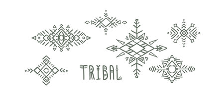 Abstract vector logo templates inspired by tribal and Indigenous art. Geometric angles and freehand elements create decorative designs.のイラスト素材