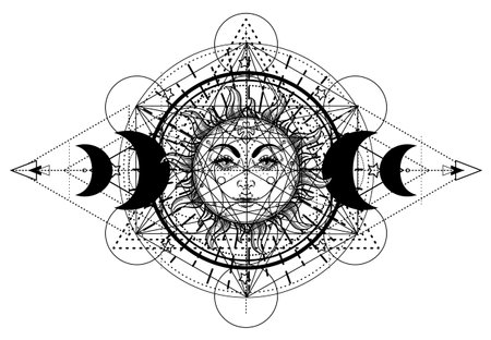 Metatron Cube. Moon pagan Wicca moon goddess symbol. Three-faced Goddess, Maiden, Mother, Crone isolated vector illustration. Tattoo, astrology, alchemy, boho and magic symbol. Coloring book.のイラスト素材