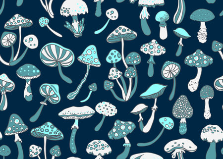 Magic mushrooms. Psychedelic hallucination. Vibrant vector illustration. 60s hippie colorful background, hippie and boho texture. Ttrippy wallpaper.のイラスト素材