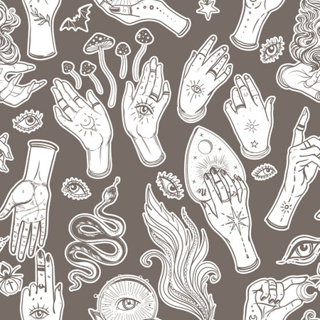 Mystic, magic, background. Religion and the occultism with esoteric and masonic symbols. Medieval manuscript inspired. Vector seamless pattern in retro style. Repeating Trendy stylish texture.のイラスト素材