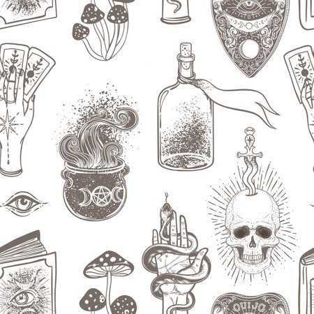 Mystic, magic, background. Religion and the occultism with esoteric and masonic symbols. Medieval manuscript inspired. Vector seamless pattern in retro style. Repeating Trendy stylish texture.のイラスト素材
