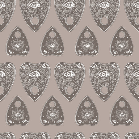 Mystic, magic, background. Religion and the occultism with esoteric and masonic symbols. Medieval manuscript inspired. Vector seamless pattern in retro style. Repeating Trendy stylish texture.のイラスト素材
