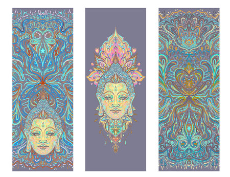 Buddha face over ornate mandala round pattern. Esoteric vintage vector illustration. Indian, Buddhism, spiritual art. Hippie tattoo, spirituality, Thai god, yoga zen Coloring book pages for adults.のイラスト素材