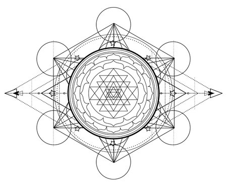 Metatron Cube. Moon pagan Wicca moon goddess symbol. Three-faced Goddess, Maiden, Mother, Crone isolated vector illustration. Tattoo, astrology, alchemy, boho and magic symbol. Coloring book.のイラスト素材