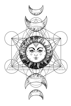 Metatron Cube. Moon pagan Wicca moon goddess symbol. Three-faced Goddess, Maiden, Mother, Crone isolated vector illustration. Tattoo, astrology, alchemy, boho and magic symbol. Coloring book.のイラスト素材
