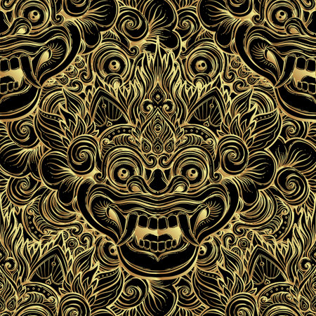 Barong. Traditional ritual Balinese mask. Vector decorative ornate outline black and gold seamless pattern. Hindu ethnic symbol, tattoo art, yoga, Bali spiritual design for print, t-shirt, textile.のイラスト素材