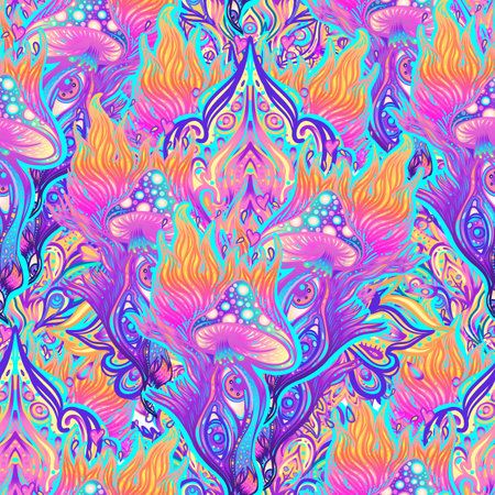 Psychedelic seamless pattern with magic mushrooms over sacred geometry. Vector repeating illustration. Psychedelic concept. Rave party, trance music. Esoteric art.のイラスト素材