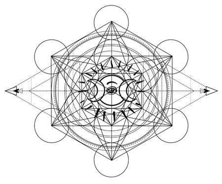 Metatron Cube. Moon pagan Wicca moon goddess symbol. Three-faced Goddess, Maiden, Mother, Crone isolated vector illustration. Tattoo, astrology, alchemy, boho and magic symbol. Coloring book..のイラスト素材