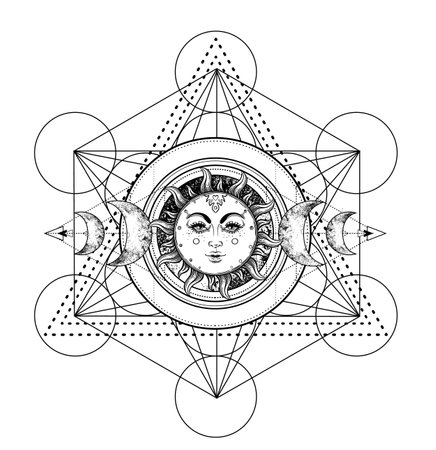 Metatron Cube. Moon pagan Wicca moon goddess symbol. Three-faced Goddess, Maiden, Mother, Crone isolated vector illustration. Tattoo, astrology, alchemy, boho and magic symbol. Coloring book.のイラスト素材