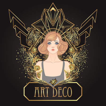 Art Deco vintage invitation template design with illustration of flapper girl over patterns and frames. Retro party background set in1920s style. Vector for glamour event, thematic wedding or jazz party.のイラスト素材