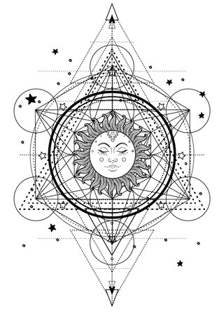 Metatron Cube. Moon pagan Wicca moon goddess symbol. Three-faced Goddess, Maiden, Mother, Crone isolated vector illustration. Tattoo, astrology, alchemy, boho and magic symbol. Coloring book.のイラスト素材