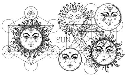 Metatron Cube. Moon pagan Wicca moon goddess symbol. Three-faced Goddess, Maiden, Mother, Crone isolated vector illustration. Tattoo, astrology, alchemy, boho and magic symbol. Coloring book.のイラスト素材