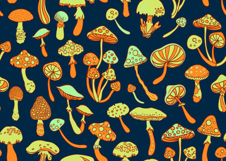 Magic mushrooms. Psychedelic hallucination. Vibrant vector illustration. 60s hippie colorful background, hippie and boho texture. Ttrippy wallpaper.のイラスト素材