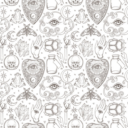 Mystic, magic, background. Religion and the occultism with esoteric and masonic symbols. Medieval manuscript inspired. Vector seamless pattern in retro style. Repeating Trendy stylish texture.のイラスト素材
