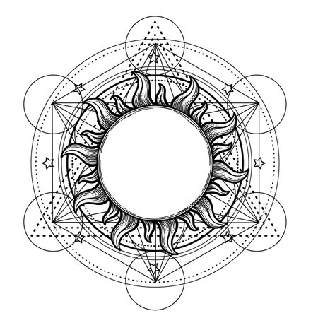 Metatron Cube. Moon pagan Wicca moon goddess symbol. Three-faced Goddess, Maiden, Mother, Crone isolated vector illustration. Tattoo, astrology, alchemy, boho and magic symbol. Coloring book.のイラスト素材