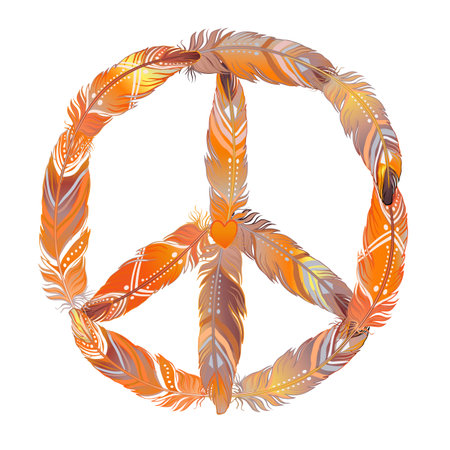 Peace sign made of colored bird feathers. Hippie symbol. Sixties Boho Style. Tribal Native American Indians Motifs. Design for T-shirt. Vector illustration.のイラスト素材