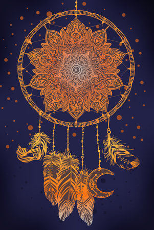 Hand drawn Native American Indian talisman dreamcatcher with feathers and moon. Vector hipster illustration isolated on dark blue. Ethnic design, boho chic, tribal symbol. Coloring book for adults.のイラスト素材
