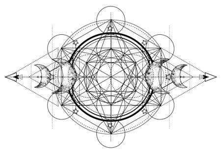 Metatron Cube. Moon pagan Wicca moon goddess symbol. Three-faced Goddess, Maiden, Mother, Crone isolated vector illustration. Tattoo, astrology, alchemy, boho and magic symbol. Coloring book.のイラスト素材