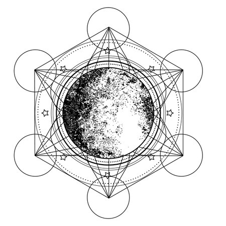 Metatron Cube. Moon pagan Wicca moon goddess symbol. Three-faced Goddess, Maiden, Mother, Crone isolated vector illustration. Tattoo, astrology, alchemy, boho and magic symbol. Coloring book.のイラスト素材