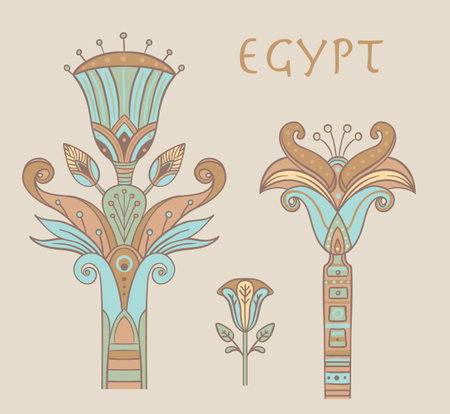 Egyptian floral colorful design element set isolated on white. Lotus flower, vector sign, symbol, logo illustration. Spirituality, occultism, chemistry, flower tattoo.のイラスト素材