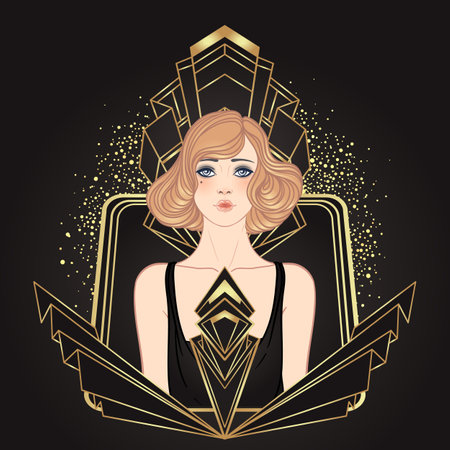 Art Deco vintage invitation template design with illustration of flapper girl over patterns and frames. Retro party background set in1920s style. Vector for glamour event, thematic wedding or jazz party.のイラスト素材