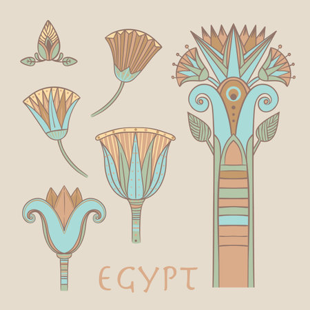 Egyptian floral colorful design element set isolated on white. Lotus flower, vector sign, symbol, logo illustration. Spirituality, occultism, chemistry, flower tattoo.のイラスト素材