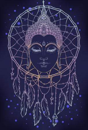 Buddha face over dreamcatcher round pattern. Esoteric vintage vector illustration. Indian, Buddhism, spiritual ar Ethnic design, boho chic, tribal symbol. Coloring book for adults.のイラスト素材