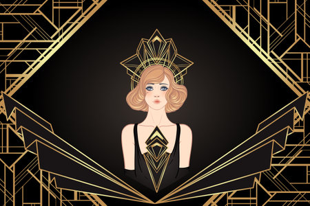 Art Deco vintage invitation template design with illustration of flapper girl over patterns and frames. Retro party background set in1920s style. Vector for glamour event, thematic wedding or jazz party.のイラスト素材