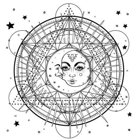 Metatron Cube. Moon pagan Wicca moon goddess symbol. Three-faced Goddess, Maiden, Mother, Crone isolated vector illustration. Tattoo, astrology, alchemy, boho and magic symbol. Coloring book.のイラスト素材