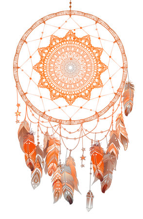 Hand drawn Native American Indian talisman dreamcatcher with feathers and moon. Vector hipster illustration isolated on dark blue. Ethnic design, boho chic, tribal symbol. Coloring book for adults.のイラスト素材
