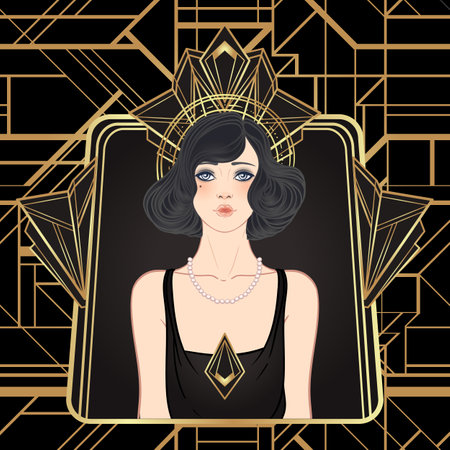 Art Deco vintage invitation template design with illustration of flapper girl over patterns and frames. Retro party background set in1920s style. Vector for glamour event, thematic wedding or jazz party.のイラスト素材