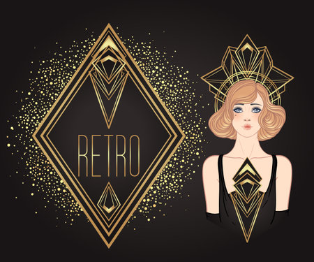 Art Deco vintage invitation template design with illustration of flapper girl over patterns and frames. Retro party background set in1920s style. Vector for glamour event, thematic wedding or jazz party.のイラスト素材