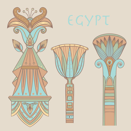Egyptian floral colorful design element set isolated on white. Lotus flower, vector sign, symbol, logo illustration. Spirituality, occultism, chemistry, flower tattoo.のイラスト素材
