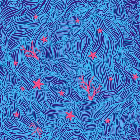 Abstract color hand-drawn pattern, waves and corals background. Seamless pattern can be used for wallpaper, pattern fills, web page background, surface textures.のイラスト素材