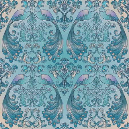 Floral vintage seamless pattern wit birds for retro wallpapers. Enchanted Vintage Flowers. Arts and Crafts movement inspired. Design for wrapping paper, wallpaper, fabrics and fashion clothes.のイラスト素材