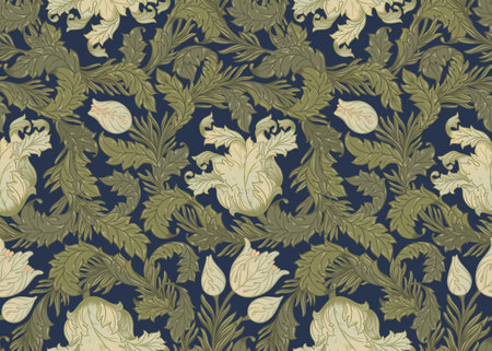 Floral vintage seamless pattern for retro wallpapers, textiles, designs. Enchanted Vintage Flowers. Arts and Crafts movement inspired.のイラスト素材