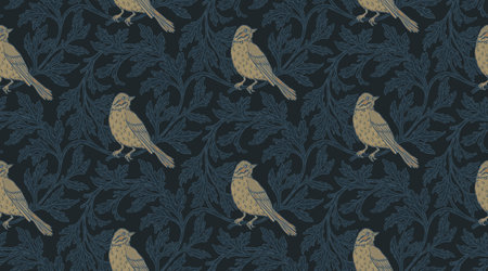 Vintage style seamless pattern with Floral wreath and birds for retro wallpapers. Enchanted Vintage Flowers. Arts and Crafts movement inspired. Design for wrapping paper, wallpaper, fabrics and fashion clothes.のイラスト素材